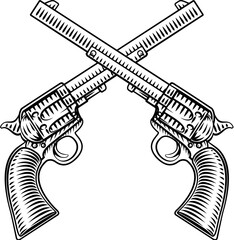 Crossed western cowboy gun pistol revolvers illustration in a vintage woodcut style