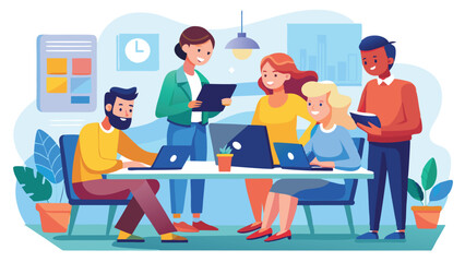 Diverse team collaborating with laptops and documents in a modern office environment illustration