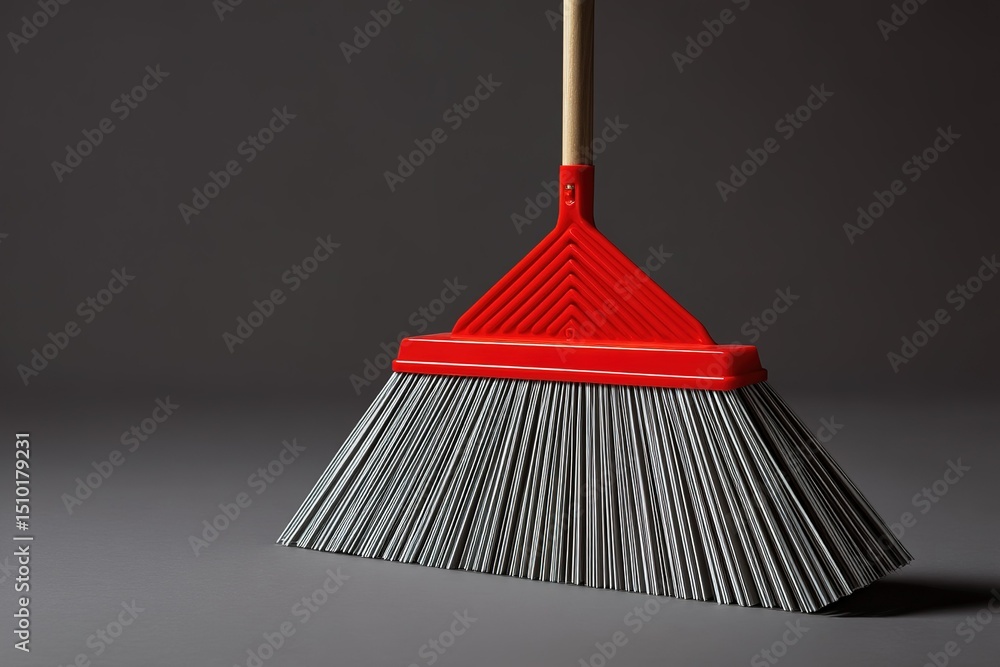 Aufkleber broom with red handle and bristles on a gray background showing cleaning tool in a minimalist settin