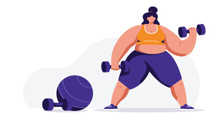 Plus-size woman exercising with dumbbells in a gym environment - Concept of fat people do sports  