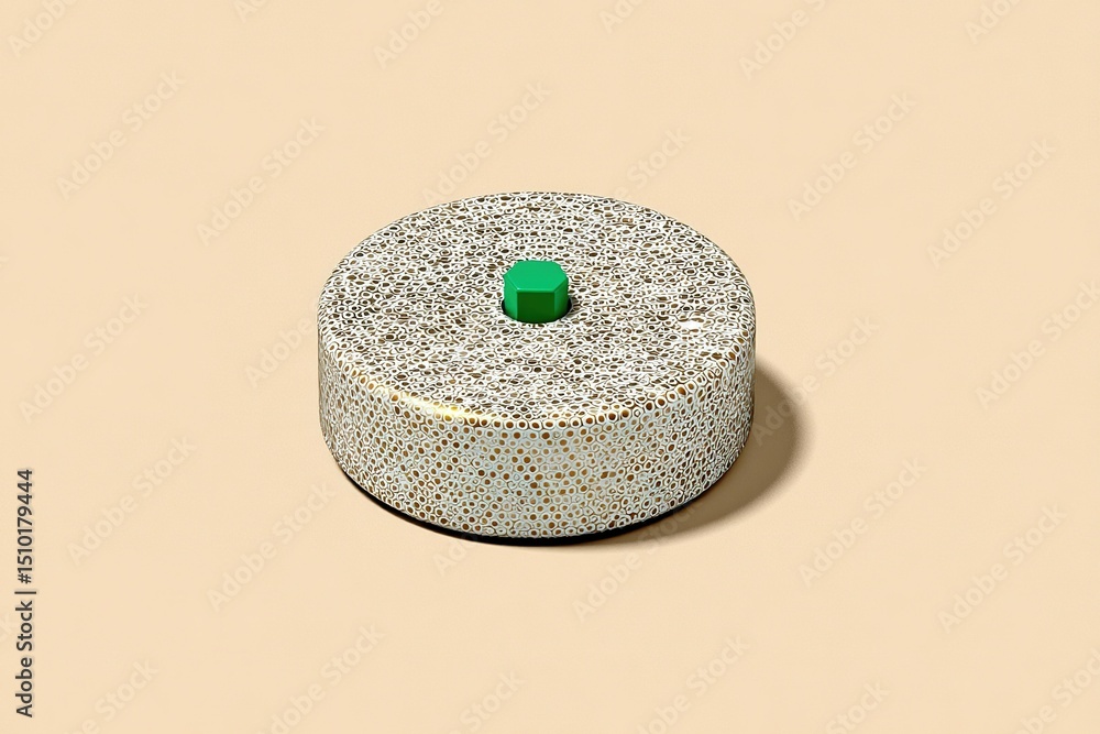 Poster unique round decorative object with a textured surface and a green top displayed on a neutral backgr