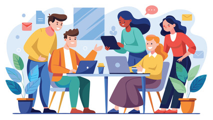 Illustrated Diverse Team Collaborating at Desks With Laptops and Tablets in Office Space