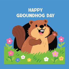 Happy Groundhog Day Cartoon Illustration with Smiling Groundhog and Flowers
