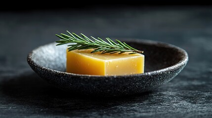A square bar of light yellow soap in a small dark bowl.