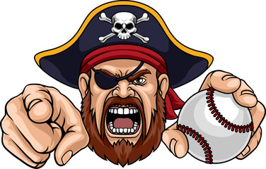 A Pirate man holding Baseball ball and pointing sports team cartoon charcater mascot illustration.