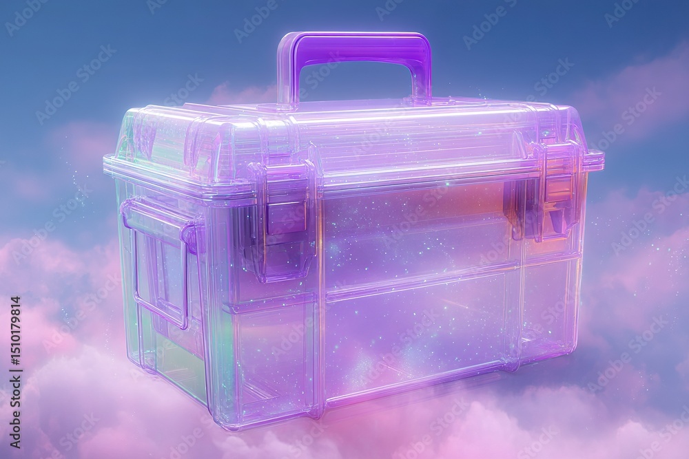 Poster transparent toolbox floating among soft clouds during a serene day with a colorful sky