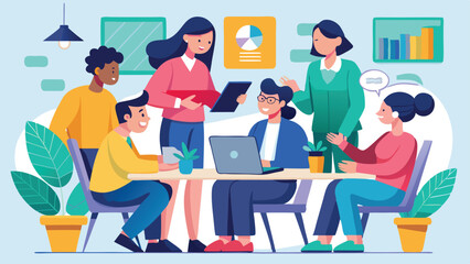 Diverse professionals collaborating around table with laptop and data visualizations in modern workplace