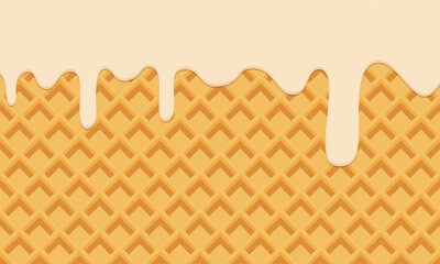 Flowing vanilla cream on wafer vector. Melted vanilla ice cream dropping on ice cream cone texture square background graphic illustration