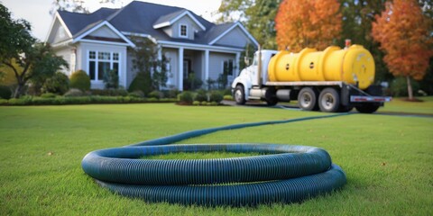 A septic service truck with a large hose is parked on the lawn of a suburban home, likely performing septic tank maintenance.