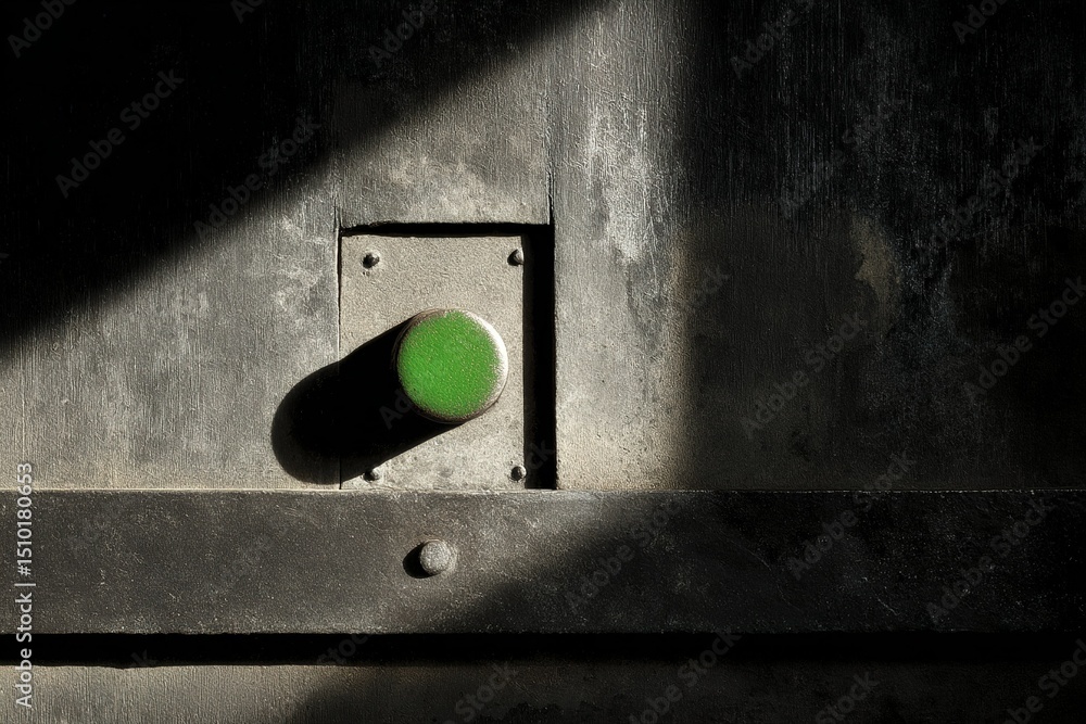 Poster light and shadow create intriguing patterns on a textured surface with a bright green knob