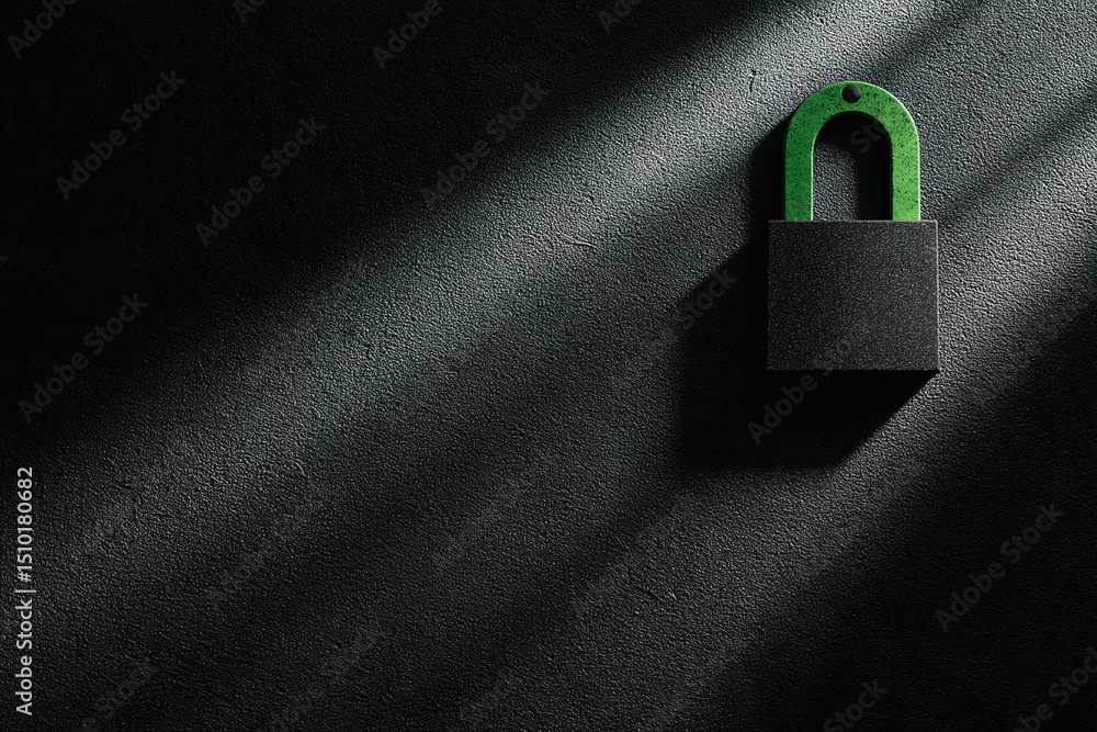 Poster unique black padlock with green shackle illuminated by soft light on dark surface emphasizing securi
