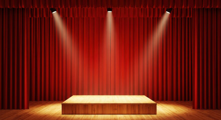 Empty stage with red curtains and spotlights symbolizing performance opportunity and showmanship