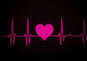 Pink heart rate monitor line on a black background with a heart in the center