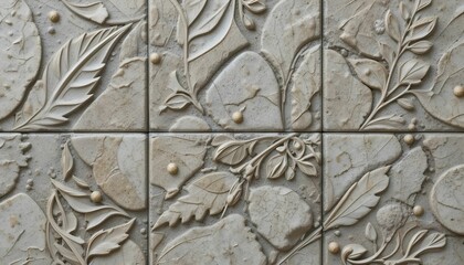 Intricate beige ceramic tiles with embossed leaf and floral designs, featuring a textured, vintage look for elegant interior decoration.