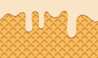 Flowing vanilla cream on wafer vector. Melted vanilla ice cream dropping on ice cream cone texture square background graphic illustration