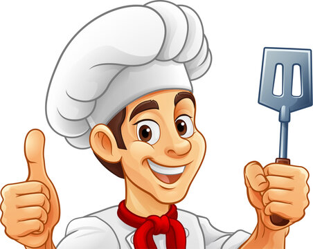 A chef, barbecue cook or baker cartoon food man mascot character holding a spatula and peeking around a sign or menu board with copy space illustration