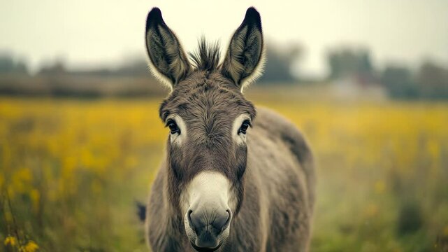 A donkey is standing in a field of yellow flowers. The donkey has a white face and is looking directly at the camera