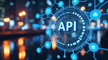 API, Application Programming Interface icon concept. Software development tool, City background