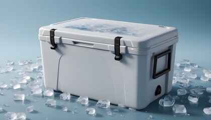 White Cooler Amid Scattered Ice Cubes on a Blue Background