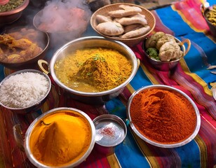 Aromatic indian cuisine displayed on vibrant tablecloth