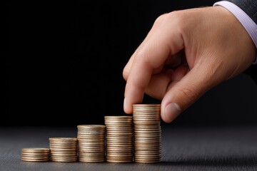 Hand arranges stacked coins to represent business growth, investment, and financial success on a