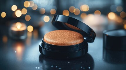 Luxurious cosmetic compact with shimmering bronze product.