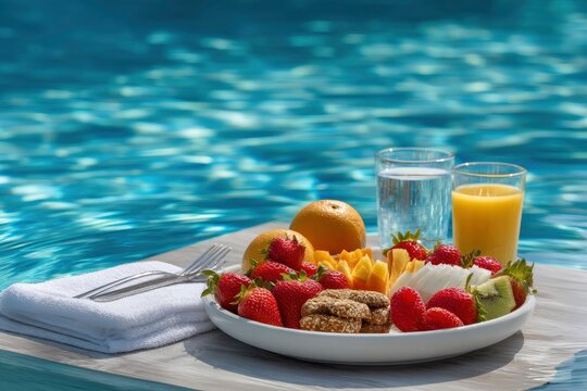 Inviting plate of fresh fruit, juice, and water served poolside for a healthy and refreshing - Powered by Adobe