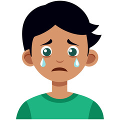 Obraz premium Sad crying boy cartoon illustration with tears, emotional expression vector portrait 