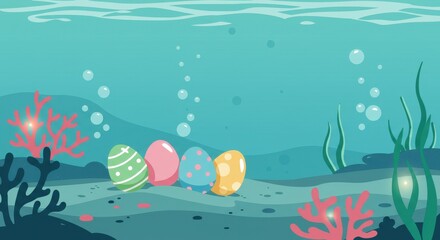 Underwater Easter Egg Hunt: A whimsical illustration of pastel Easter eggs nestled amongst vibrant coral and seaweed on an ocean floor, creating a serene and festive underwater scene.