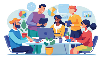 Fototapeta premium Diverse Team Collaboration People Working Together with Laptop, Tablets, and Charts Illustration