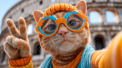 Playful cat wearing glasses and colorful outfit poses front