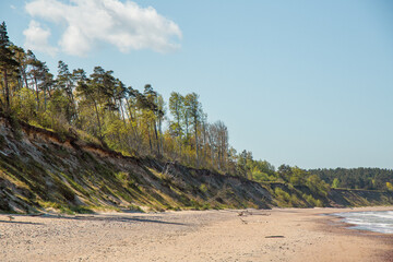 Steep coast of Baltic sea in Jurkalne on a sunny day in May in Latvia