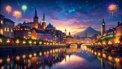 Obraz premium Festival of lights reflected in european river cit