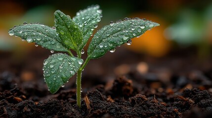 Young green plant sprout with vibrant leaves and glistening water droplets emerging from dark, rich-textured soil, symbolizing new life and freshness in a natural outdoor setting with softly blurred w