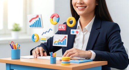 Professional Woman Analyzing 3D Business Growth and Financial Metrics