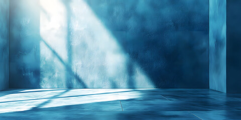 Panoramic abstract blue wall background for product presentation with sunlight and blurred shadows wall. Podium studio background