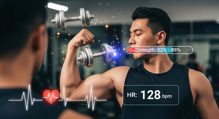 Man tracks strength and heart rate with AR in gym