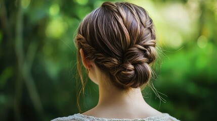 Girl with low braided chignon and side-parted hair
