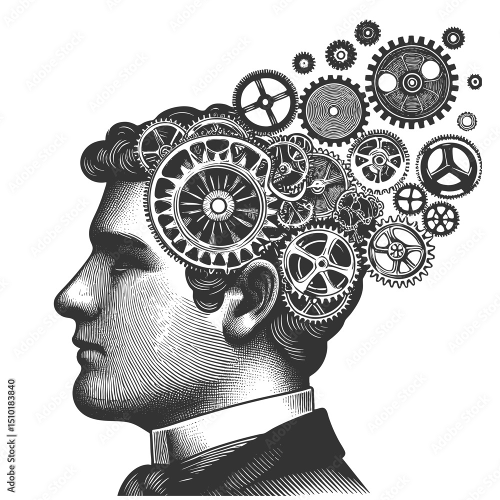 Poster man profile with gears, tools, lightbulb symbolizing innovation and creativity sketch engraving gene
