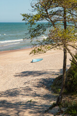 Steep coast of Baltic sea in Jurkalne on a sunny day in May in Latvia