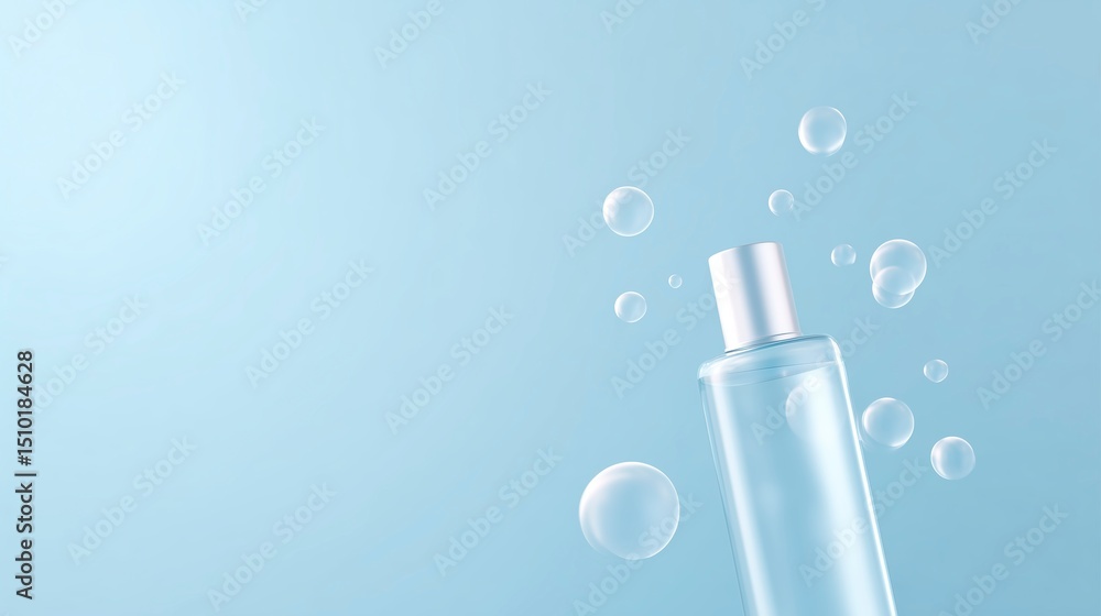 Aufkleber transparent cosmetic bottle with silver cap surrounded by floating bubbles on a soft blue background