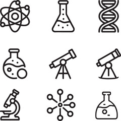set showcases simple, black line icons representing various scientific instruments and concepts on white background