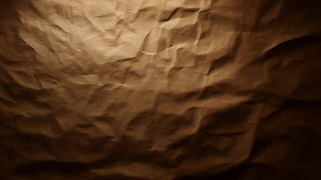 Textured brown paper surface background with visible crumpled folds and heavy shadows creating a rugged, aged backdrop, vintage aesthetic