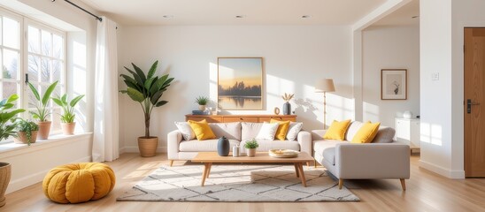 Bright, modern living room with cozy decor and natural light.