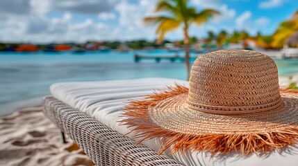 Straw hat resting on a sun lounger in a sandy beach with a blurred tropical setting at the background, vacations resort advertising photograph