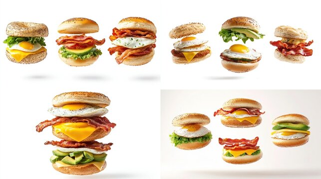 A collage showcasing eight variations of breakfast sandwiches, each featuring a bagel bun, fried egg, 