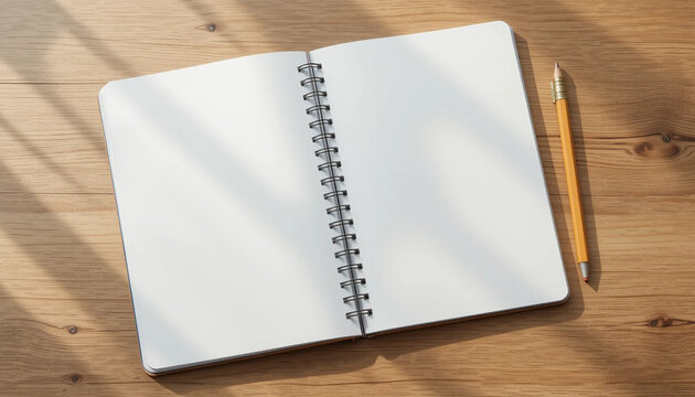 Blank Spiral Notebook and Pencil on Wooden Desk, Ready for Notes or Sketches