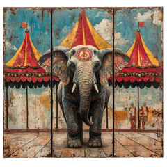 Fototapeta premium Front view of a circus painting divided into 3 panels mounted isolated on a white transparent background