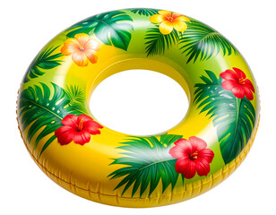 Inflatable Swimming Ring with Tropical Print and Palm Leaves Motif, isolated on a transparent background