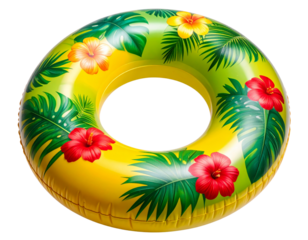 Inflatable Swimming Ring with Tropical Print and Palm Leaves Motif, isolated on a transparent background